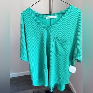 SOLD✅ Altar'd State Turquoise Green Ribbed V-Neck Short Sleeve Top Pocket
